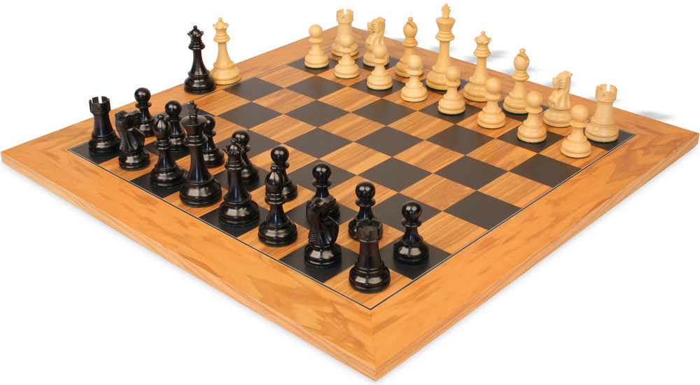 British Staunton Chess Set - Ebonized & Boxwood Pieces - Olive Wood & Black Deluxe Chess Board - 3.5" King